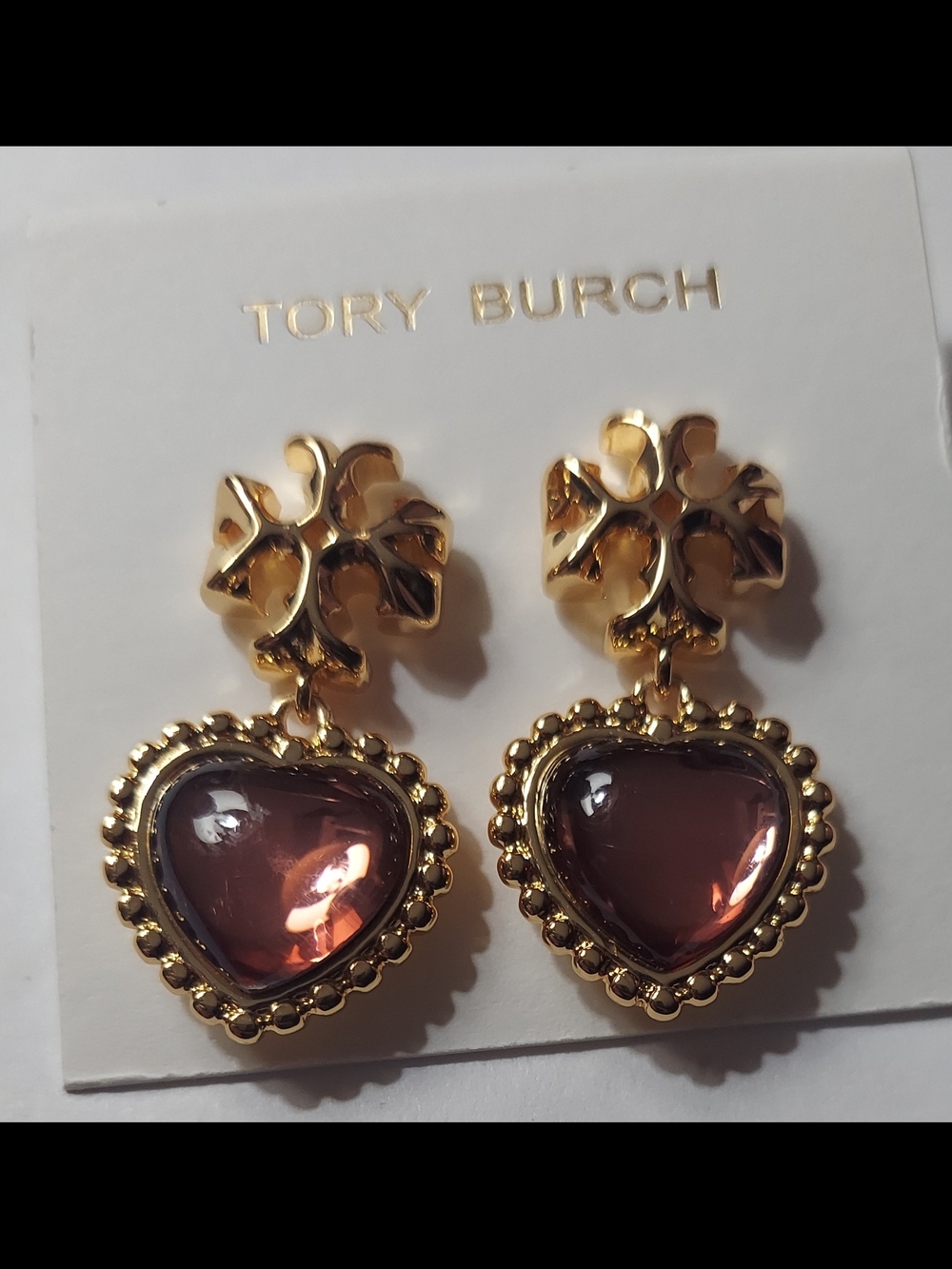 Tory Burch Gold-tone Drop Earrings with Light Purple Heart Centers